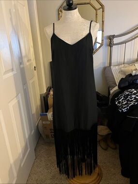 SHEIN Black Fringe Maxi Slip Dress with Spaghetti Straps